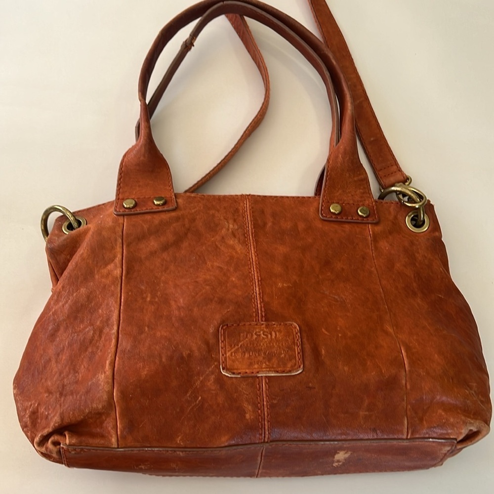 Fossil Vintage Leather Satchel Tote Shoulder Bag Brown Orange Distressed - Picture 6 of 14